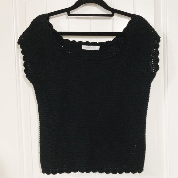 RICKI'S Vintage black cap sleeve knit top w/ scallop edges SMALL MEDIUM sweater - Picture 4 of 15